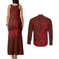 Hawaiian Monk Seal and Whale Couples Matching Tank Maxi Dress and Long Sleeve Button Shirt Kakau Tribal Pattern Red Color LT03 - Polynesian Pride