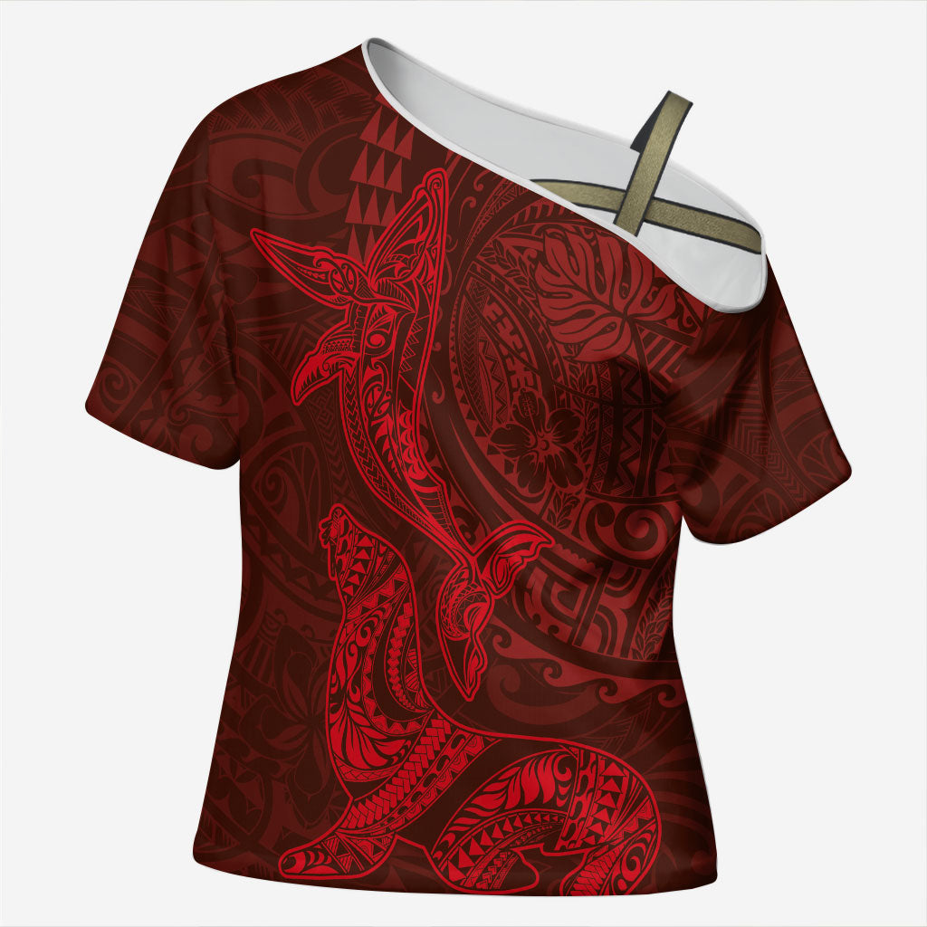 Hawaiian Monk Seal and Whale Cross Shoulder Shirt Kakau Tribal Pattern Red Color LT03 Female Red - Polynesian Pride