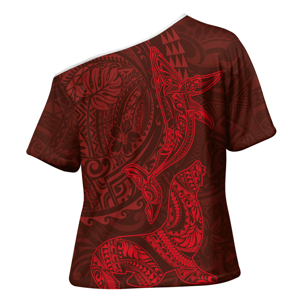 Hawaiian Monk Seal and Whale Cross Shoulder Shirt Kakau Tribal Pattern Red Color LT03 - Polynesian Pride