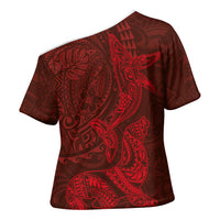 Hawaiian Monk Seal and Whale Cross Shoulder Shirt Kakau Tribal Pattern Red Color LT03 - Polynesian Pride