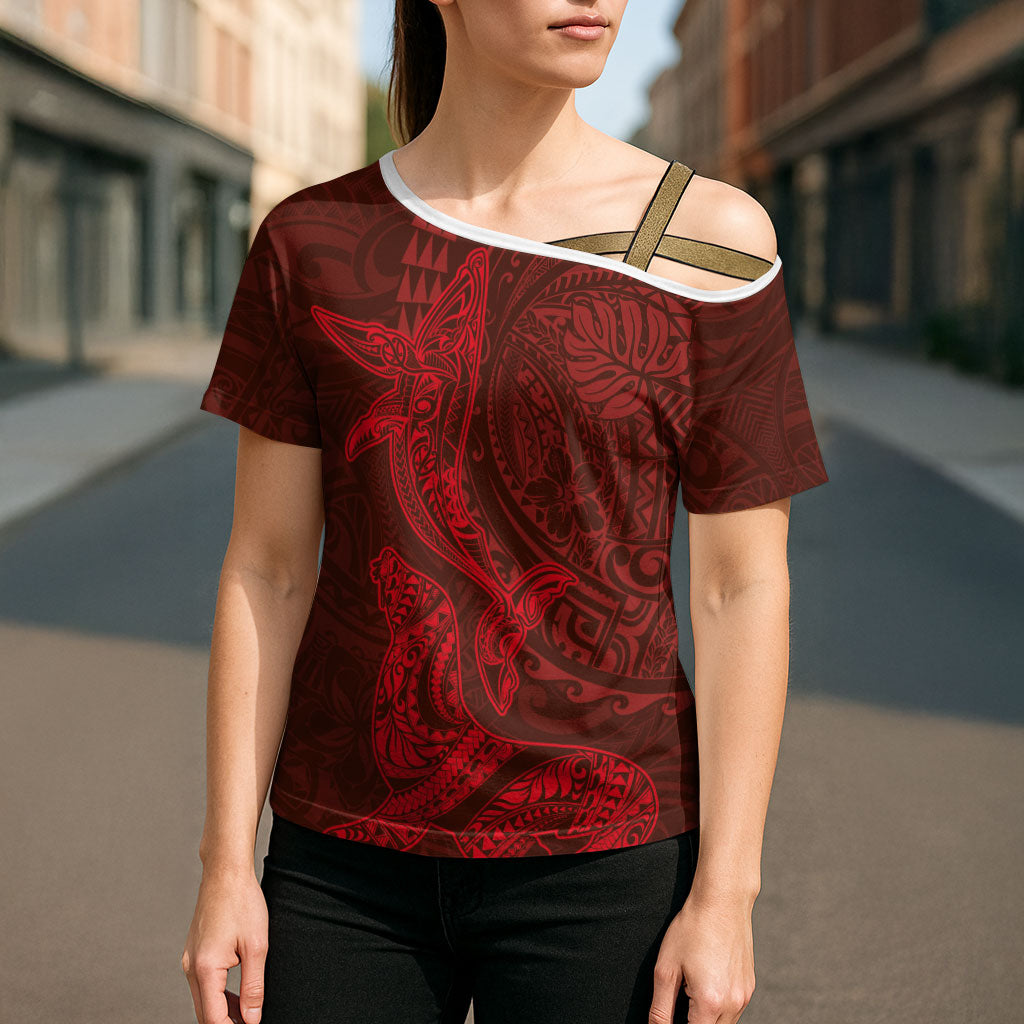 Hawaiian Monk Seal and Whale Cross Shoulder Shirt Kakau Tribal Pattern Red Color LT03 - Polynesian Pride