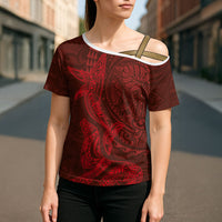 Hawaiian Monk Seal and Whale Cross Shoulder Shirt Kakau Tribal Pattern Red Color LT03 - Polynesian Pride