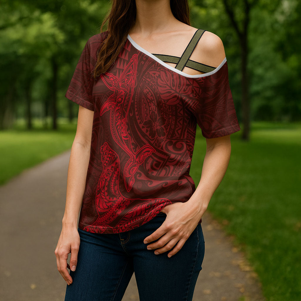 Hawaiian Monk Seal and Whale Cross Shoulder Shirt Kakau Tribal Pattern Red Color LT03 - Polynesian Pride