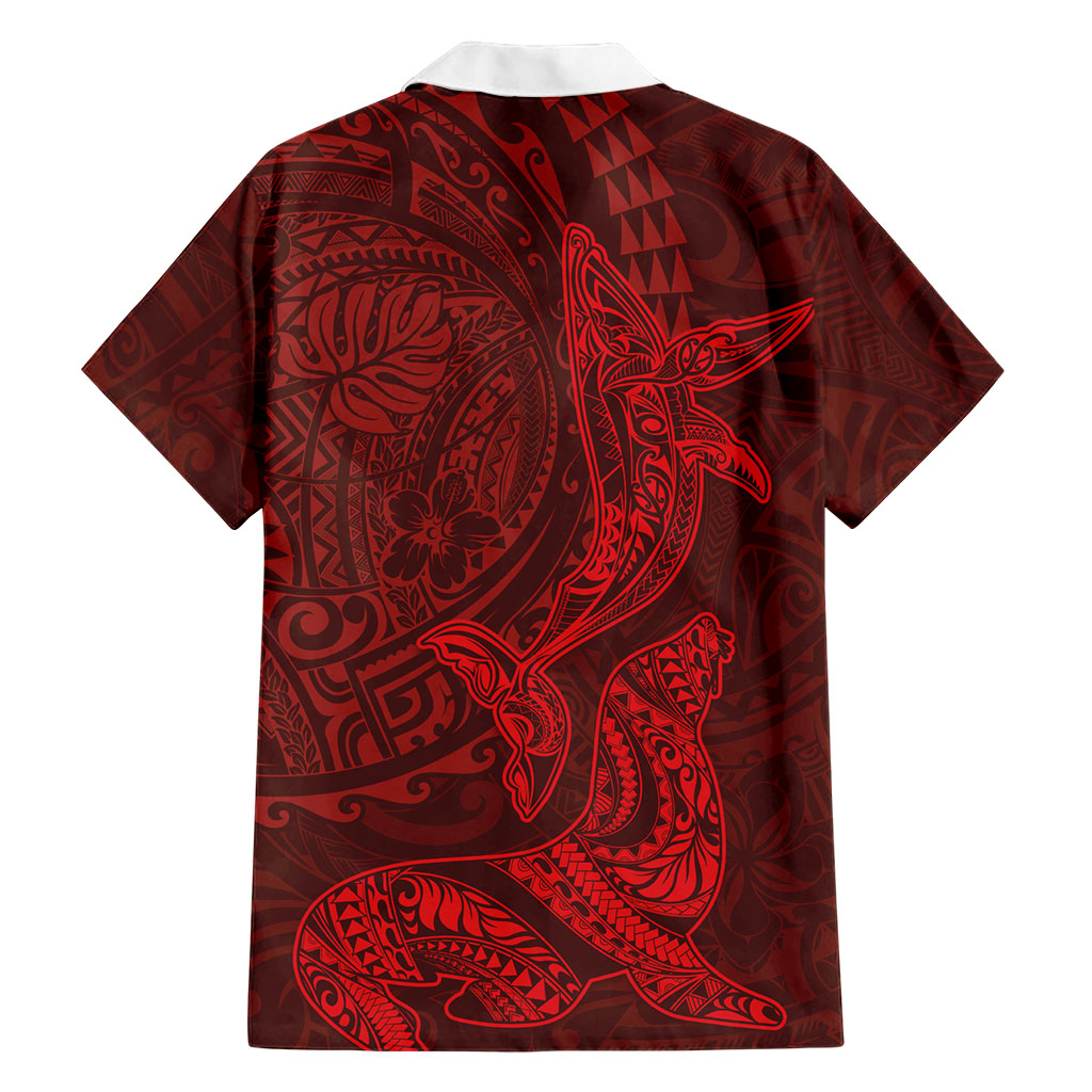 Hawaiian Monk Seal and Whale Family Matching Long Sleeve Bodycon Dress and Hawaiian Shirt Kakau Tribal Pattern Red Color LT03 - Polynesian Pride