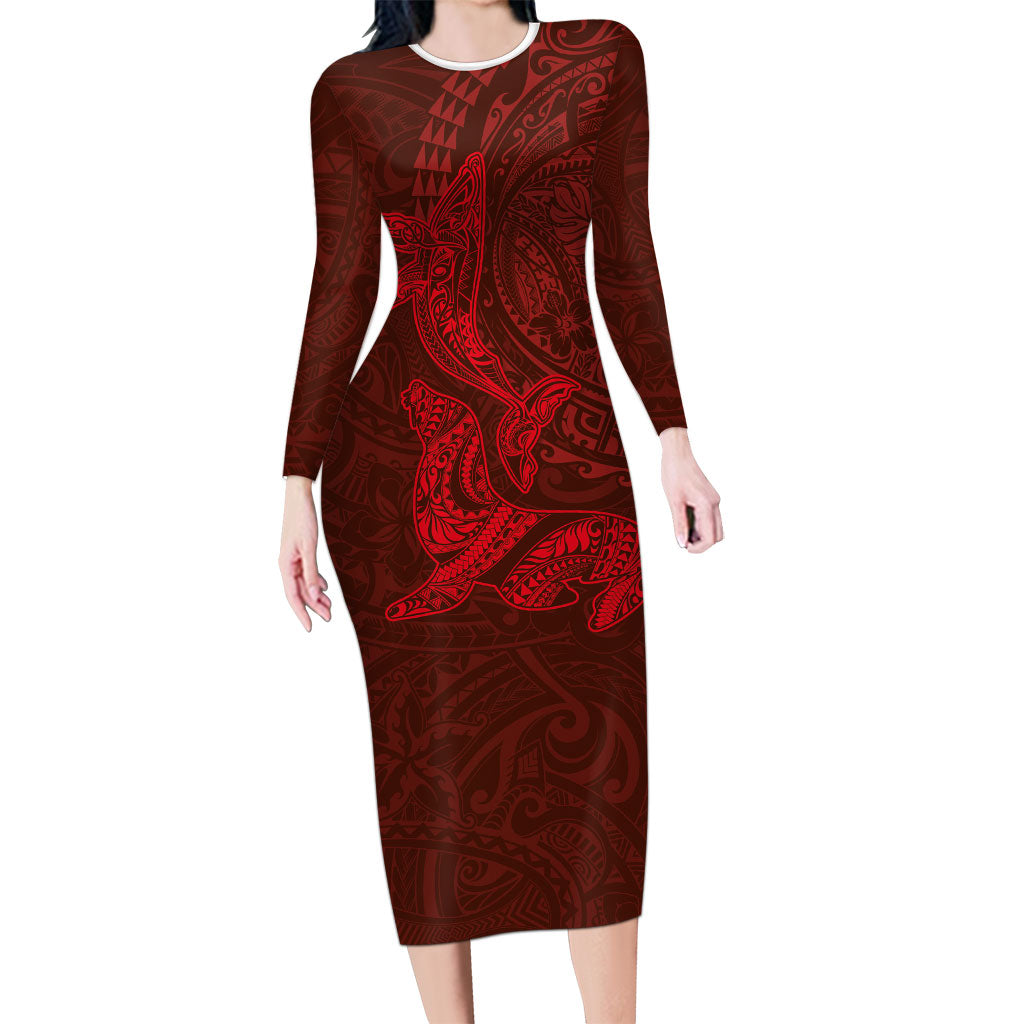 Hawaiian Monk Seal and Whale Family Matching Long Sleeve Bodycon Dress and Hawaiian Shirt Kakau Tribal Pattern Red Color LT03 Mom's Dress Red - Polynesian Pride