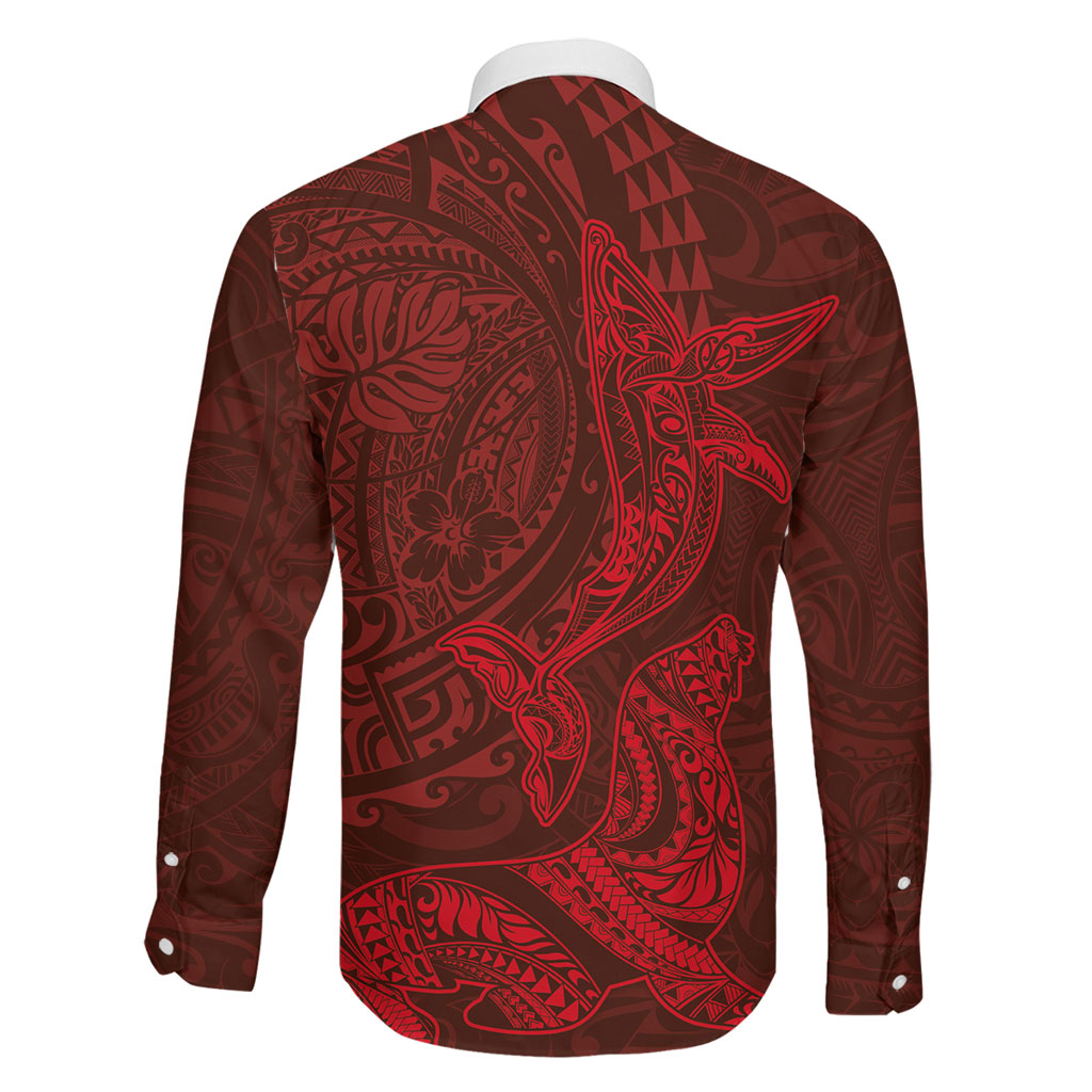 Hawaiian Monk Seal and Whale Family Matching Off The Shoulder Long Sleeve Dress and Hawaiian Shirt Kakau Tribal Pattern Red Color LT03 - Polynesian Pride