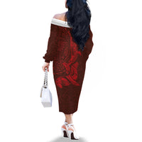 Hawaiian Monk Seal and Whale Family Matching Off The Shoulder Long Sleeve Dress and Hawaiian Shirt Kakau Tribal Pattern Red Color LT03 - Polynesian Pride