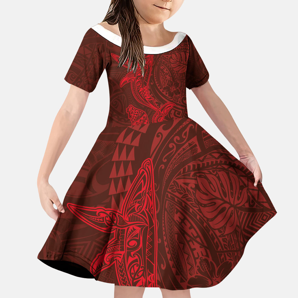 Hawaiian Monk Seal and Whale Family Matching Off Shoulder Short Dress and Hawaiian Shirt Kakau Tribal Pattern Red Color LT03 Daughter's Dress Red - Polynesian Pride