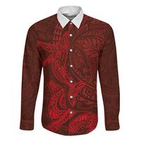 Hawaiian Monk Seal and Whale Family Matching Puletasi and Hawaiian Shirt Kakau Tribal Pattern Red Color LT03 Dad's Shirt - Long Sleeve Red - Polynesian Pride