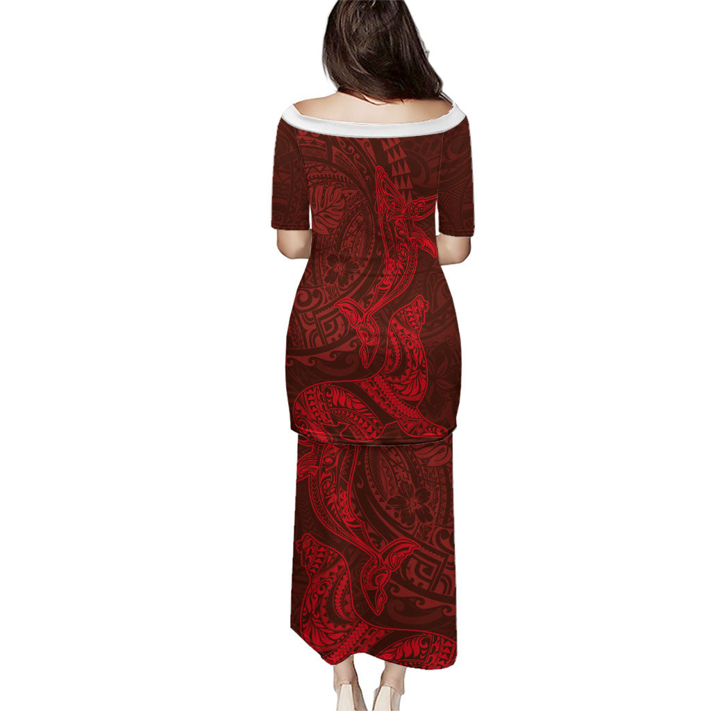 Hawaiian Monk Seal and Whale Family Matching Puletasi and Hawaiian Shirt Kakau Tribal Pattern Red Color LT03 - Polynesian Pride