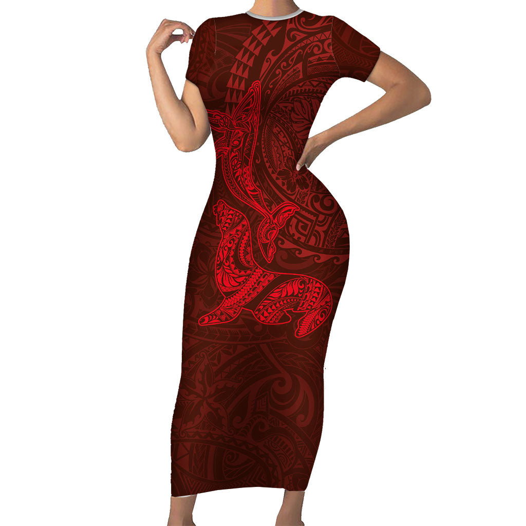 Hawaiian Monk Seal and Whale Family Matching Short Sleeve Bodycon Dress and Hawaiian Shirt Kakau Tribal Pattern Red Color LT03 Mom's Dress Red - Polynesian Pride