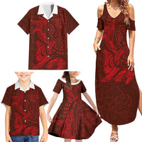 Hawaiian Monk Seal and Whale Family Matching Summer Maxi Dress and Hawaiian Shirt Kakau Tribal Pattern Red Color LT03 - Polynesian Pride