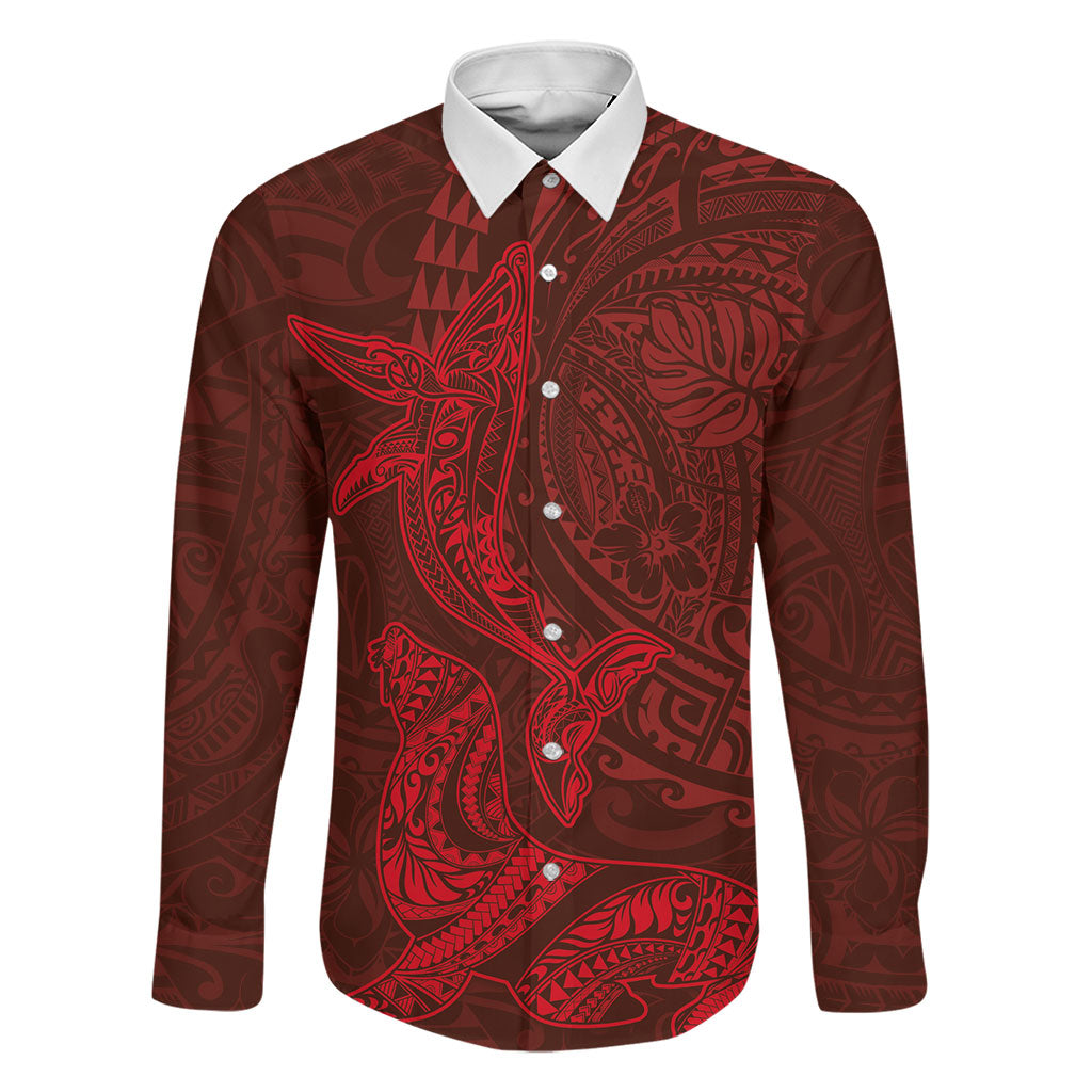 Hawaiian Monk Seal and Whale Family Matching Tank Maxi Dress and Hawaiian Shirt Kakau Tribal Pattern Red Color LT03 Dad's Shirt - Long Sleeve Red - Polynesian Pride