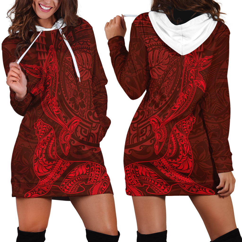 Hawaiian Monk Seal and Whale Hoodie Dress Kakau Tribal Pattern Red Color LT03 - Polynesian Pride