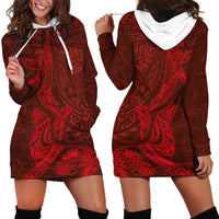 Hawaiian Monk Seal and Whale Hoodie Dress Kakau Tribal Pattern Red Color LT03 - Polynesian Pride