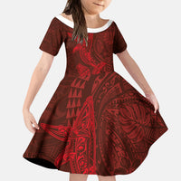 Hawaiian Monk Seal and Whale Kid Short Sleeve Dress Kakau Tribal Pattern Red Color