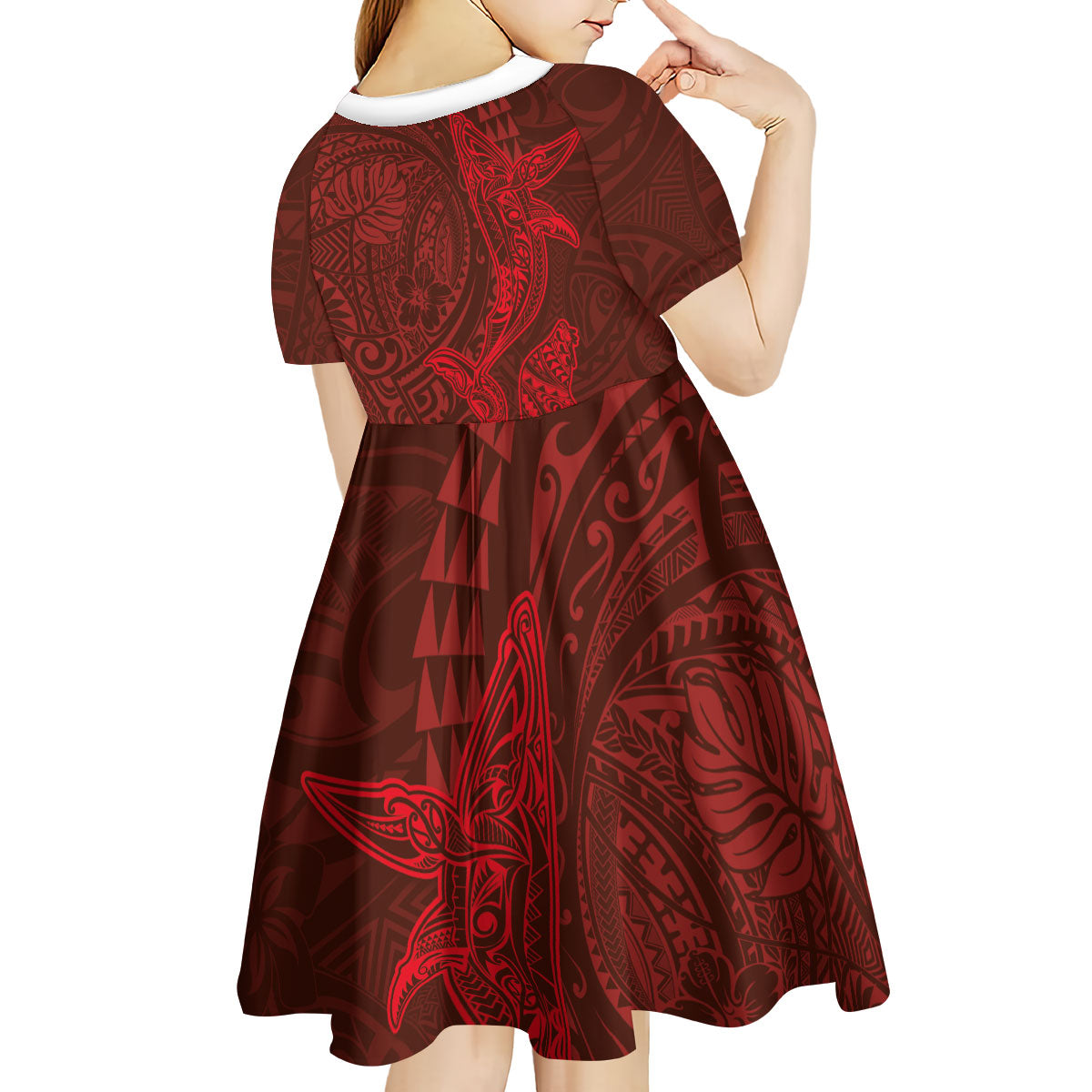 Hawaiian Monk Seal and Whale Kid Short Sleeve Dress Kakau Tribal Pattern Red Color