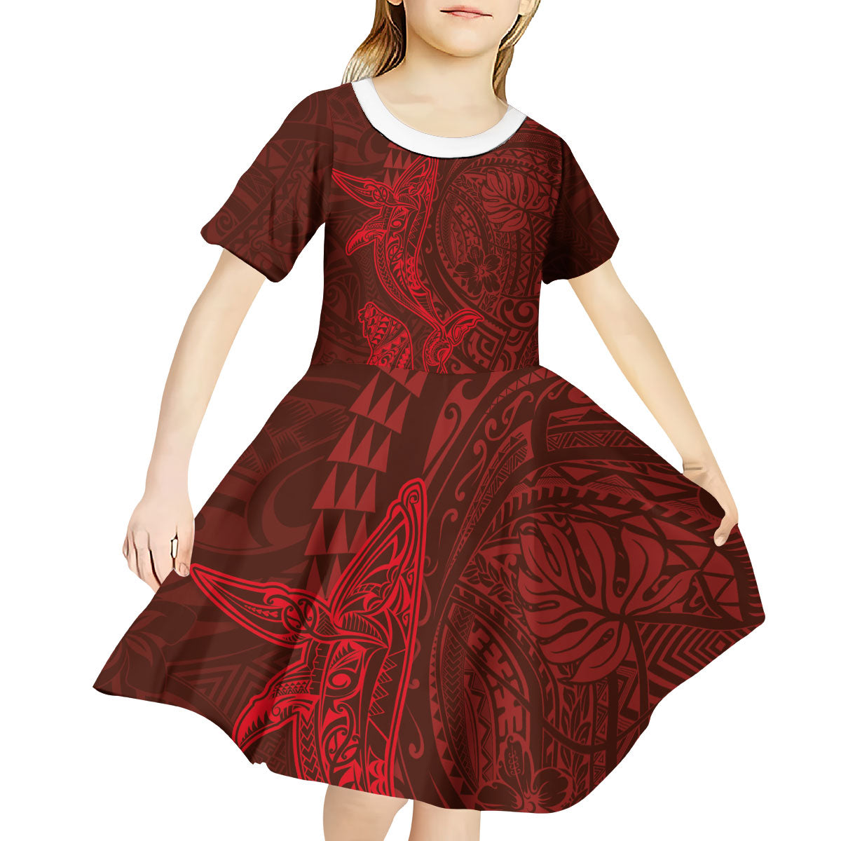 Hawaiian Monk Seal and Whale Kid Short Sleeve Dress Kakau Tribal Pattern Red Color