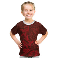 Hawaiian Monk Seal and Whale Kid T Shirt Kakau Tribal Pattern Red Color LT03 Red - Polynesian Pride