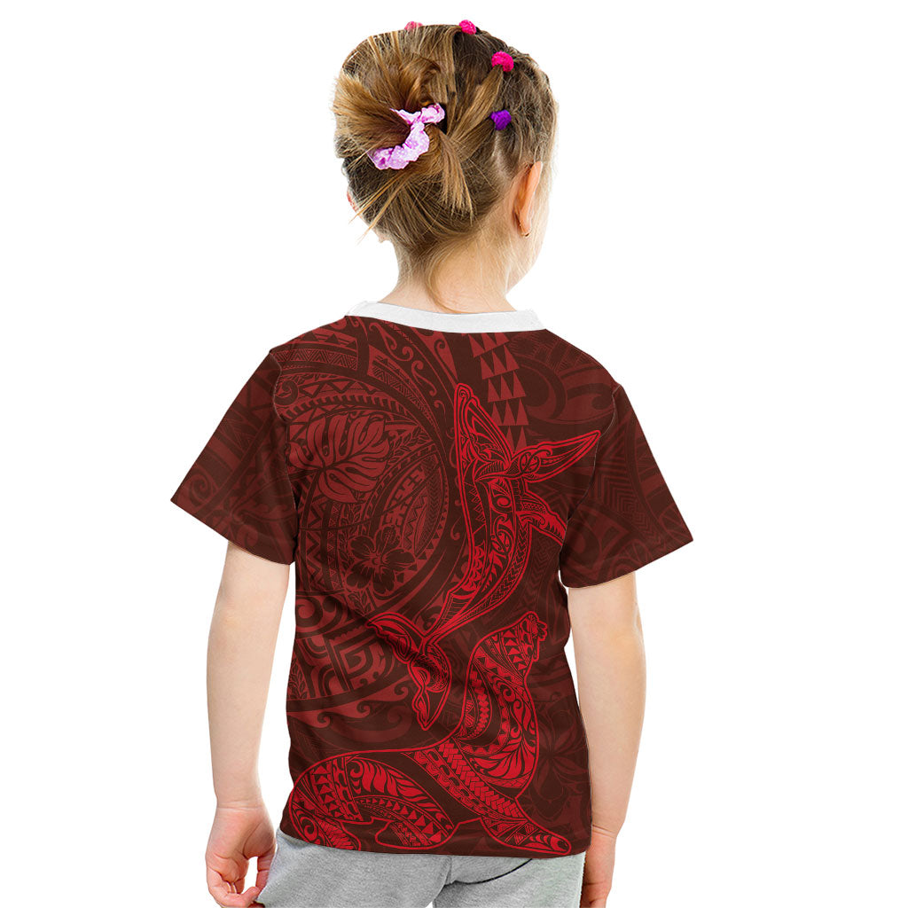 Hawaiian Monk Seal and Whale Kid T Shirt Kakau Tribal Pattern Red Color LT03 - Polynesian Pride