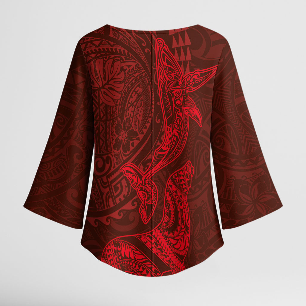 Hawaiian Monk Seal and Whale Kimono Sleeve Blouse Kakau Tribal Pattern Red Color