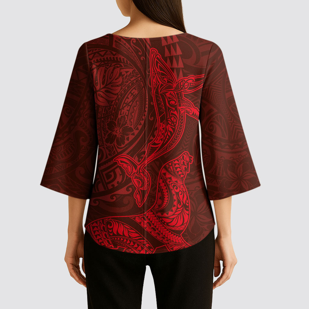 Hawaiian Monk Seal and Whale Kimono Sleeve Blouse Kakau Tribal Pattern Red Color