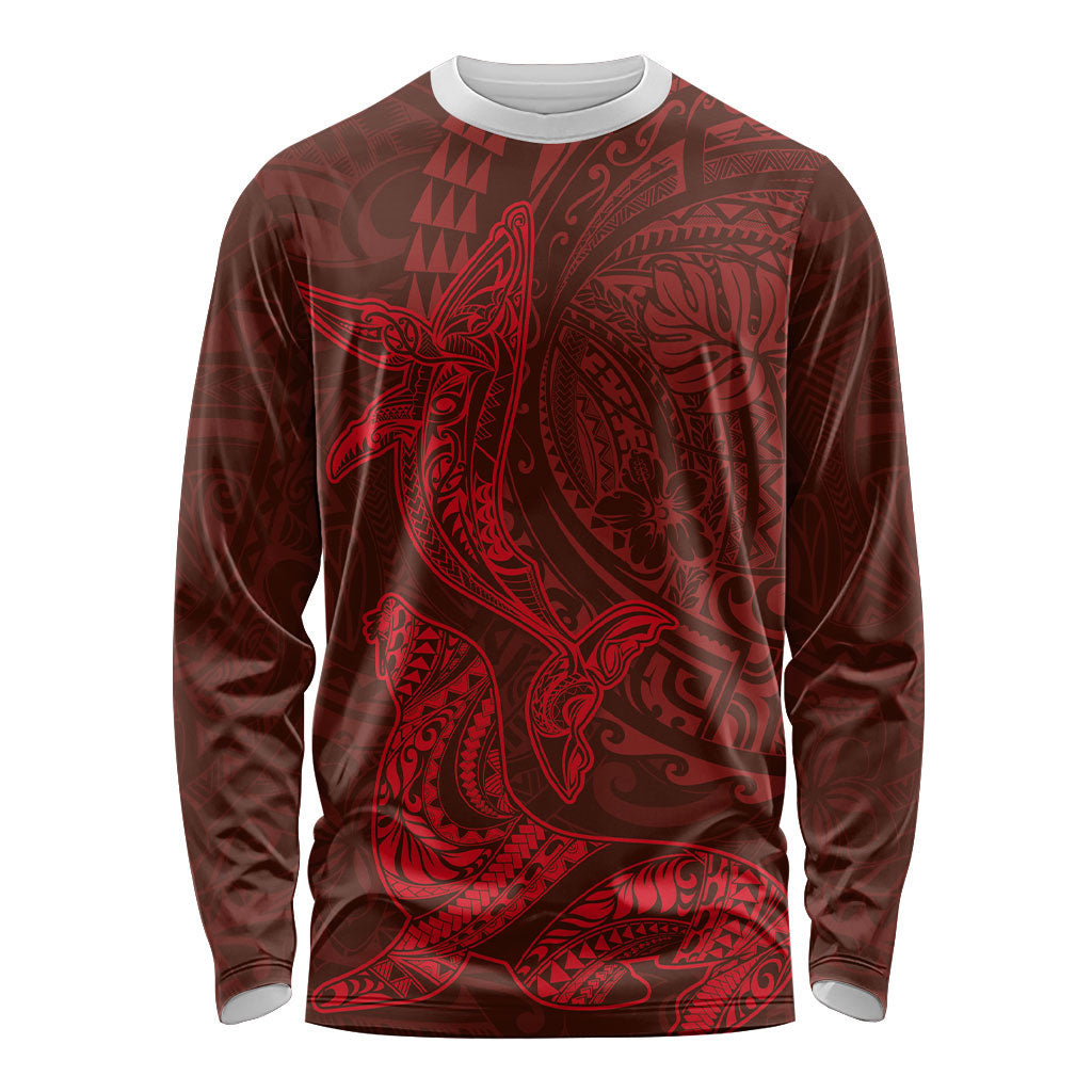 Hawaiian Monk Seal and Whale Long Sleeve Shirt Kakau Tribal Pattern Red Color LT03 Unisex Red - Polynesian Pride
