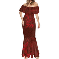 Hawaiian Monk Seal and Whale Mermaid Dress Kakau Tribal Pattern Red Color