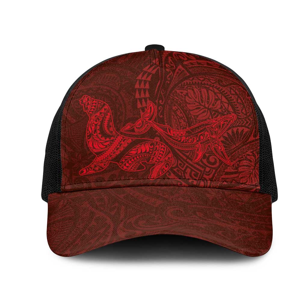 Hawaiian Monk Seal and Whale Mesh Trucker Cap Kakau Tribal Pattern Red Color