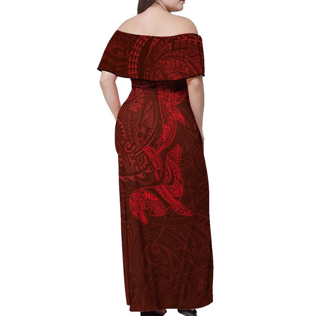 Hawaiian Monk Seal and Whale Off Shoulder Maxi Dress Kakau Tribal Pattern Red Color