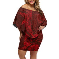 Hawaiian Monk Seal and Whale Off Shoulder Short Dress Kakau Tribal Pattern Red Color