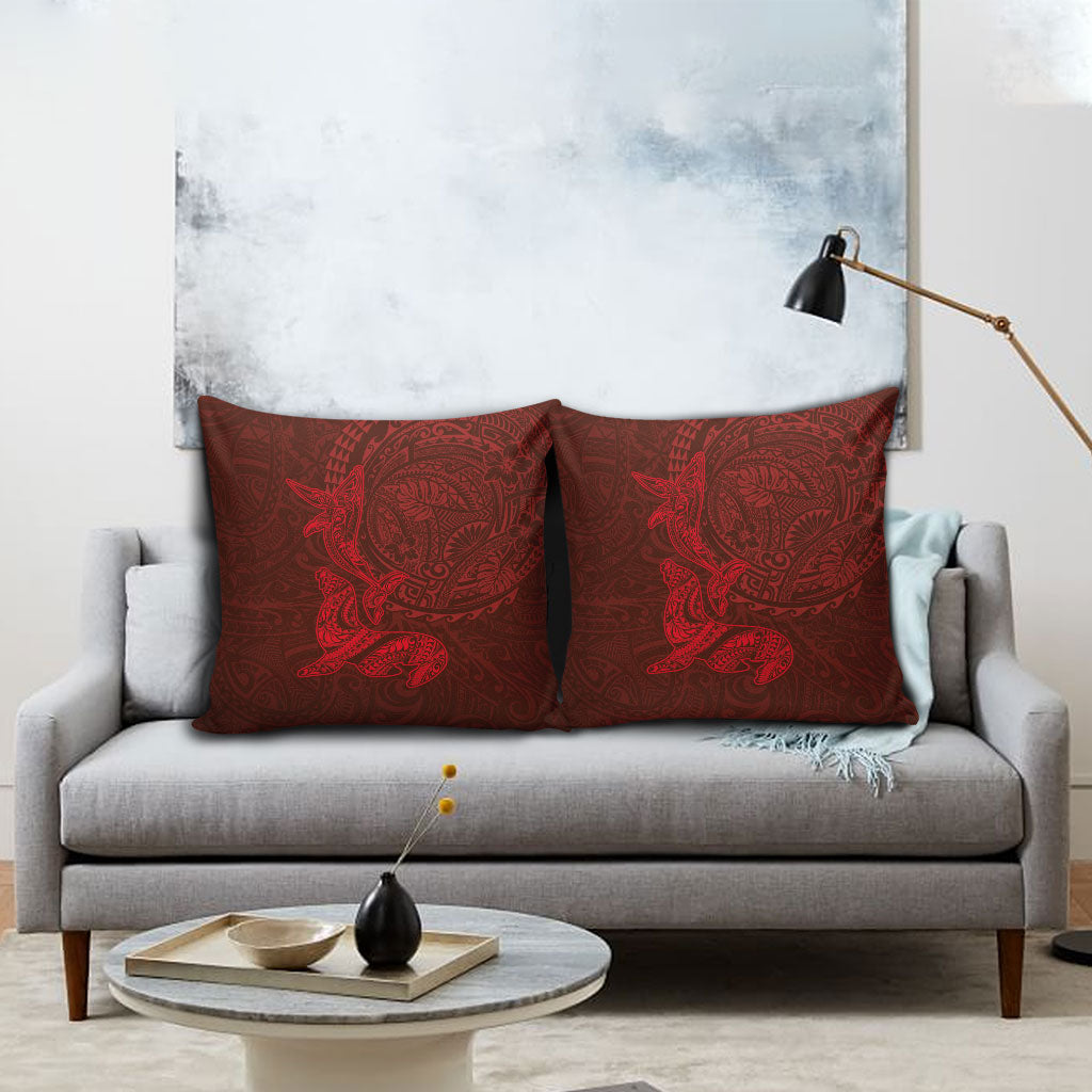 Hawaiian Monk Seal and Whale Pillow Cover Kakau Tribal Pattern Red Color