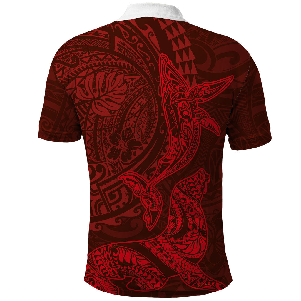 Hawaiian Monk Seal and Whale Polo Shirt Kakau Tribal Pattern Red Color