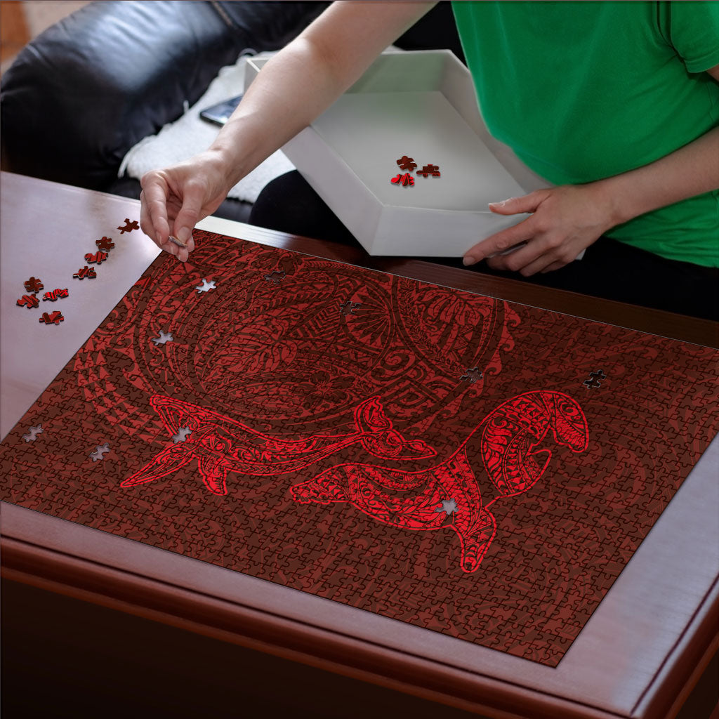 Hawaiian Monk Seal and Whale Puzzle Kakau Tribal Pattern Red Color