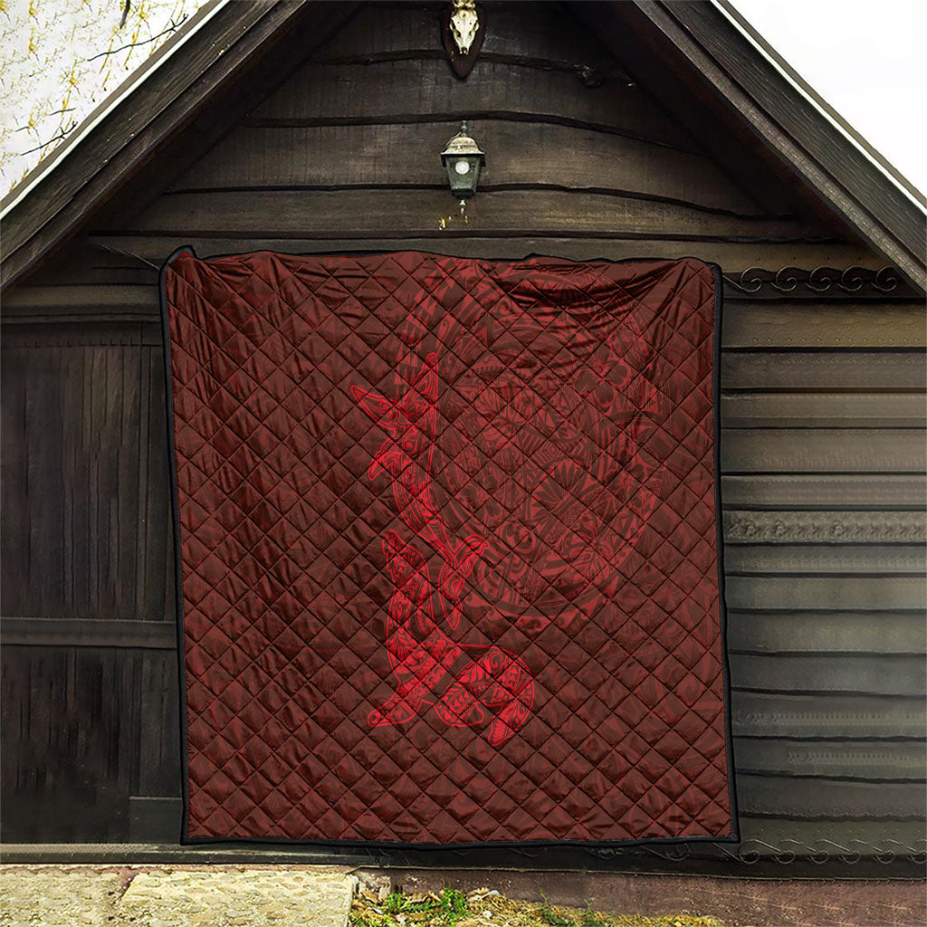 Hawaiian Monk Seal and Whale Quilt Kakau Tribal Pattern Red Color