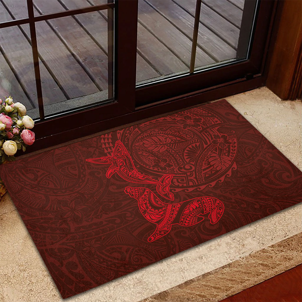 Hawaiian Monk Seal and Whale Rubber Doormat Kakau Tribal Pattern Red Color