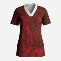 Hawaiian Monk Seal and Whale Scrub Top Kakau Tribal Pattern Red Color