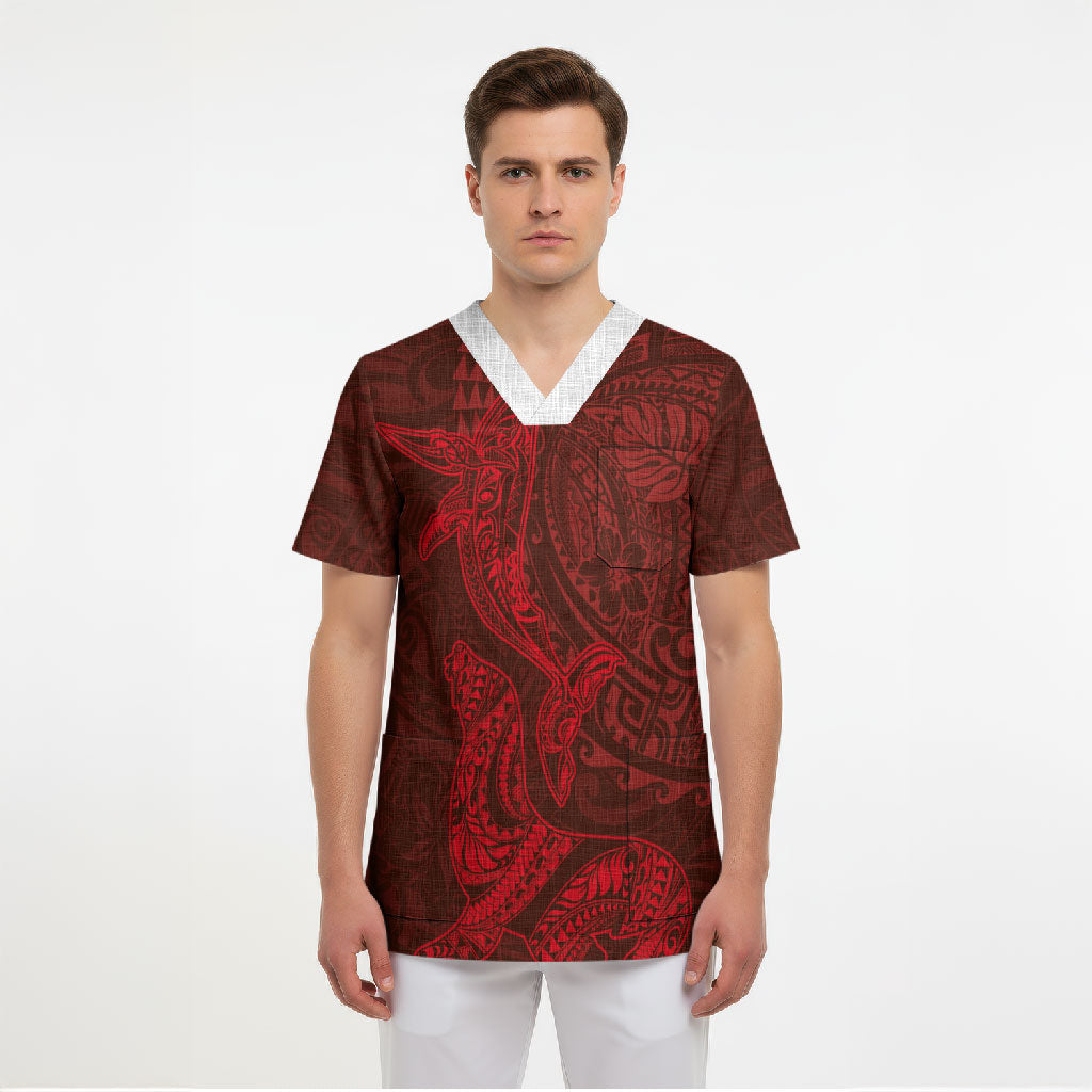Hawaiian Monk Seal and Whale Scrub Top Kakau Tribal Pattern Red Color