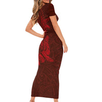 Hawaiian Monk Seal and Whale Short Sleeve Bodycon Dress Kakau Tribal Pattern Red Color