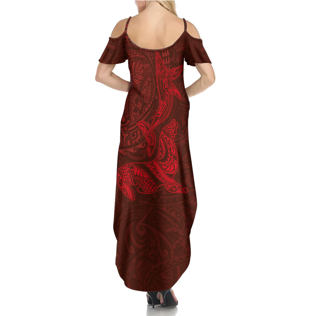 Hawaiian Monk Seal and Whale Summer Maxi Dress Kakau Tribal Pattern Red Color