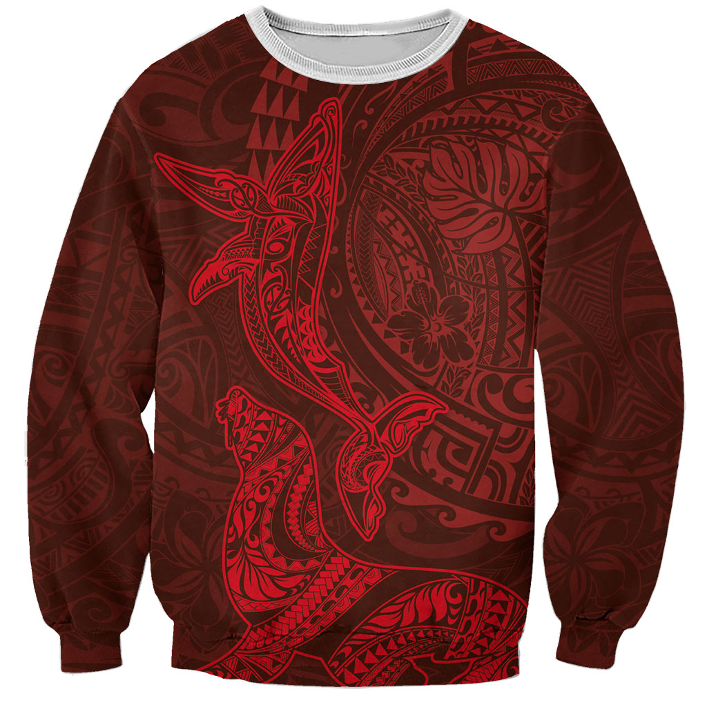 Hawaiian Monk Seal and Whale Sweatshirt Kakau Tribal Pattern Red Color