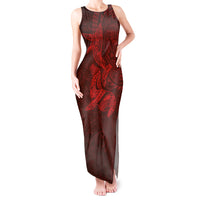 Hawaiian Monk Seal and Whale Tank Maxi Dress Kakau Tribal Pattern Red Color