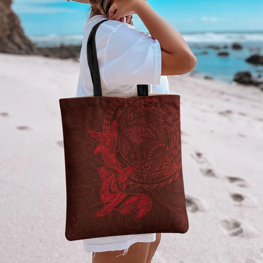 Hawaiian Monk Seal and Whale Tote Bag Kakau Tribal Pattern Red Color