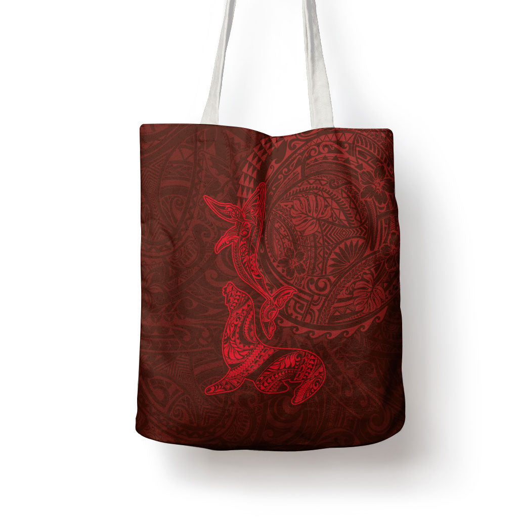 Hawaiian Monk Seal and Whale Tote Bag Kakau Tribal Pattern Red Color