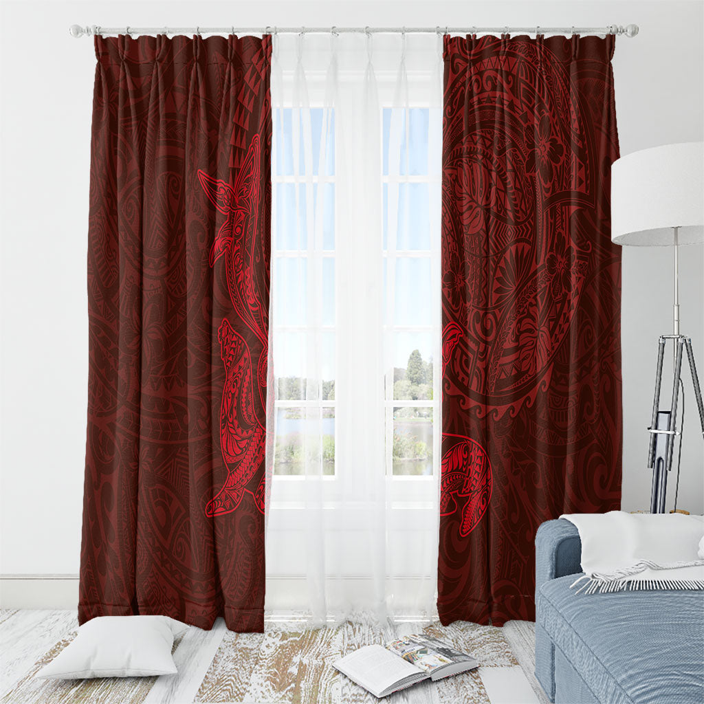Hawaiian Monk Seal and Whale Window Curtain Kakau Tribal Pattern Red Color