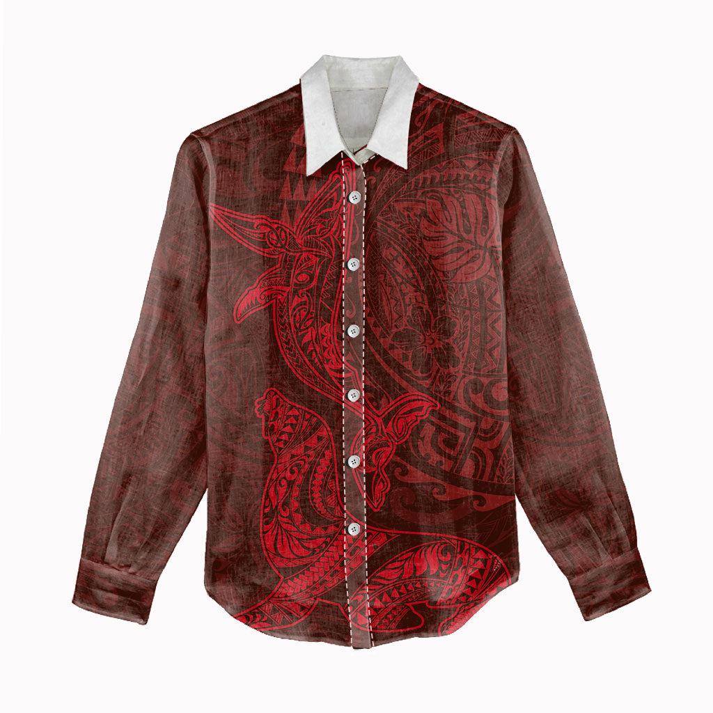 Hawaiian Monk Seal and Whale Women Casual Shirt Kakau Tribal Pattern Red Color LT03 - Polynesian Pride