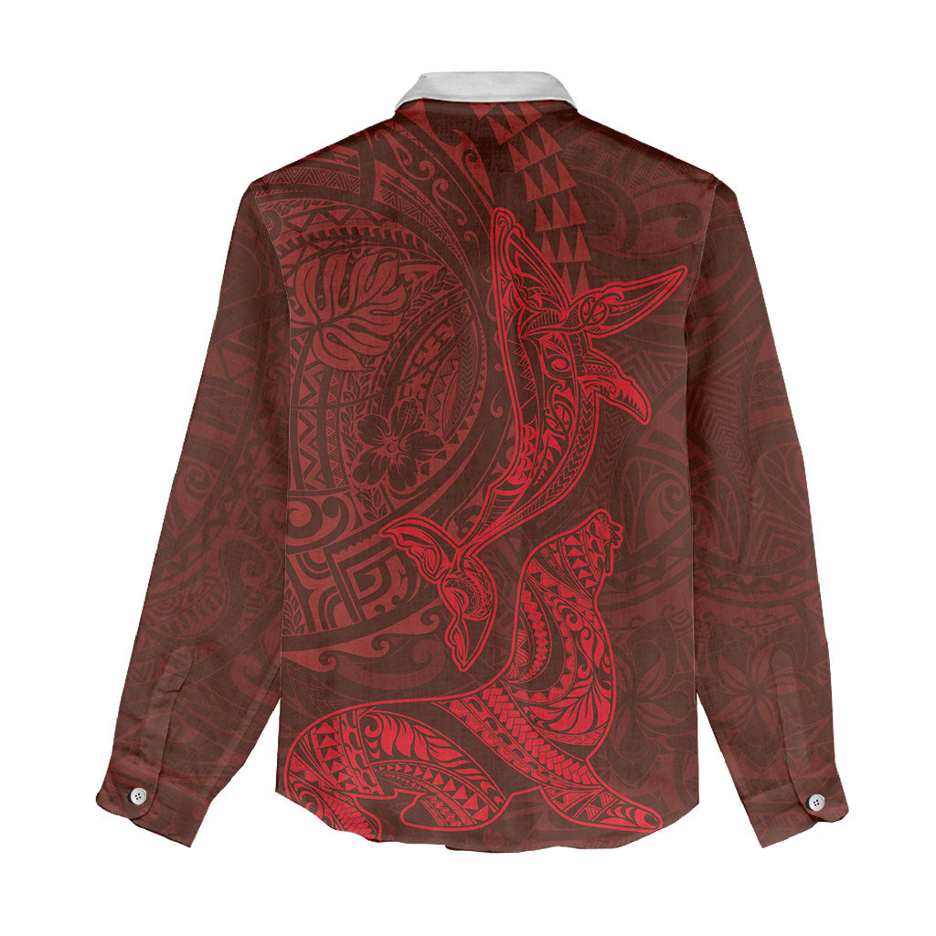 Hawaiian Monk Seal and Whale Women Casual Shirt Kakau Tribal Pattern Red Color LT03 - Polynesian Pride