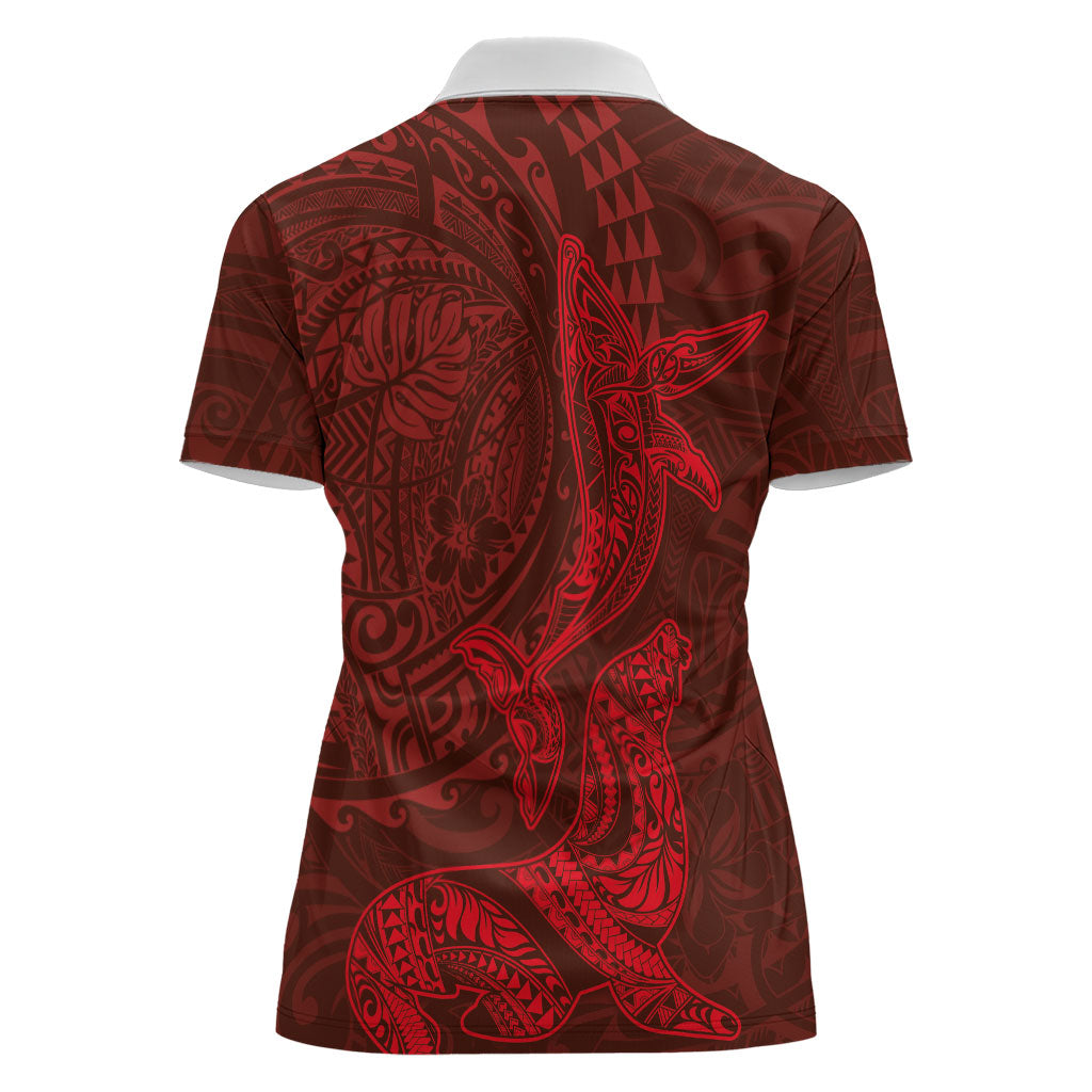 Hawaiian Monk Seal and Whale Women Polo Shirt Kakau Tribal Pattern Red Color LT03 - Polynesian Pride