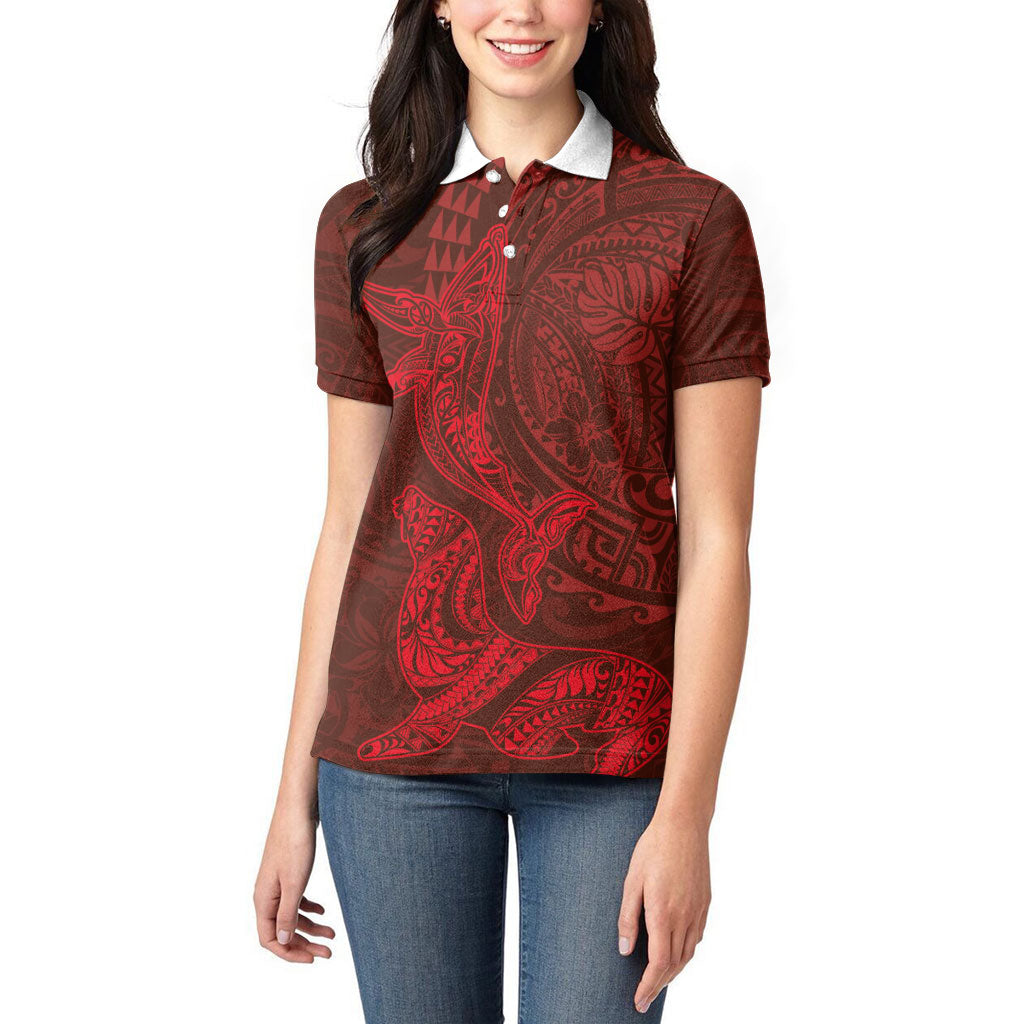 Hawaiian Monk Seal and Whale Women Polo Shirt Kakau Tribal Pattern Red Color LT03 - Polynesian Pride