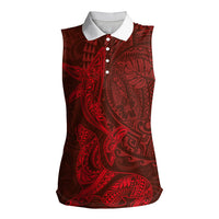 Hawaiian Monk Seal and Whale Women Sleeveless Polo Shirt Kakau Tribal Pattern Red Color LT03 Female Red - Polynesian Pride